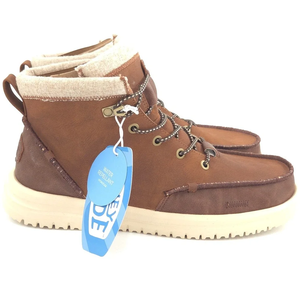 Hey Dude Bradley Classic Tumbled Boots Mens 9 Cognac Brown Water Repellent NEW